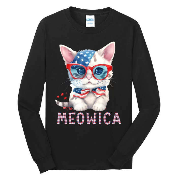 4th Of July Meowicas Patriotic Graphic Tees For Cat Lovers Tall Long Sleeve T-Shirt