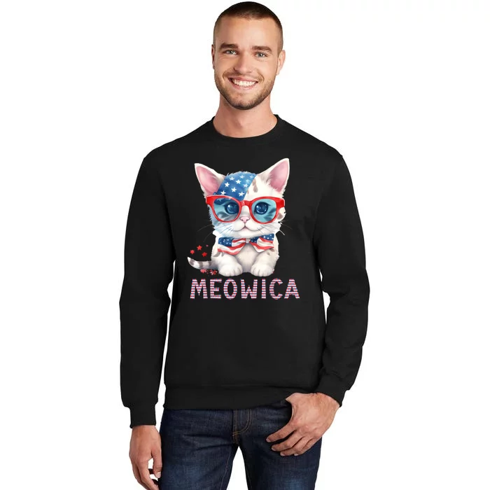 4th Of July Meowicas Patriotic Graphic Tees For Cat Lovers Tall Sweatshirt