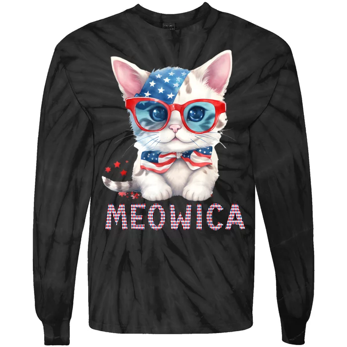 4th Of July Meowicas Patriotic Graphic Tees For Cat Lovers Tie-Dye Long Sleeve Shirt