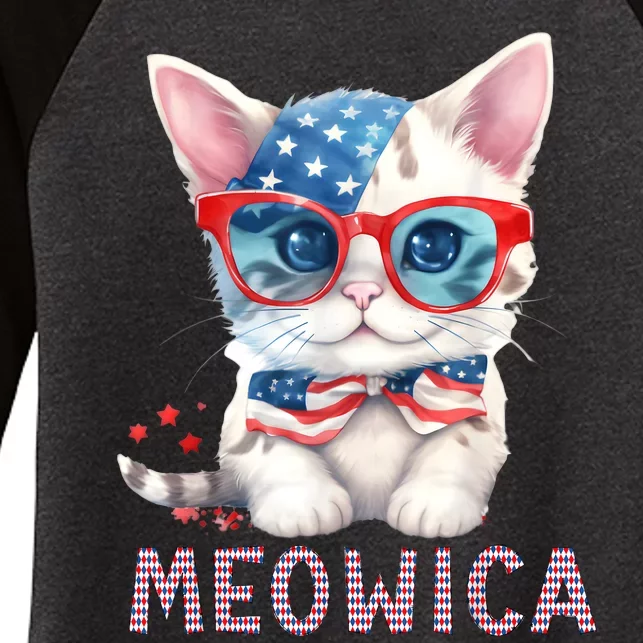 4th Of July Meowicas Patriotic Graphic Tees For Cat Lovers Women's Tri-Blend 3/4-Sleeve Raglan Shirt