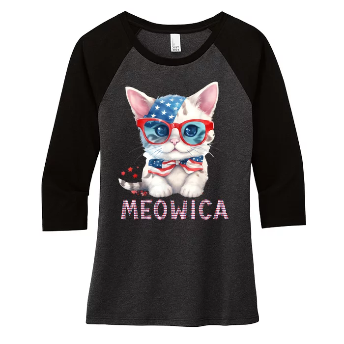 4th Of July Meowicas Patriotic Graphic Tees For Cat Lovers Women's Tri-Blend 3/4-Sleeve Raglan Shirt