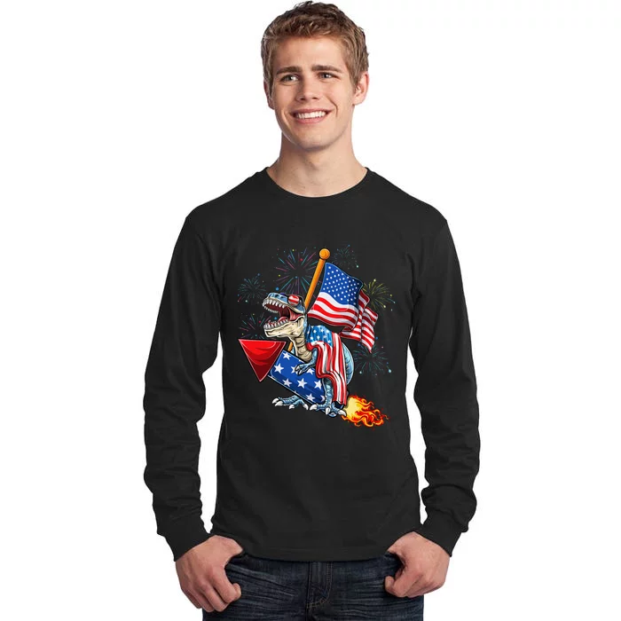 4th of July T Rex Dinosaur Patriotic American Flag Firework Tall Long Sleeve T-Shirt