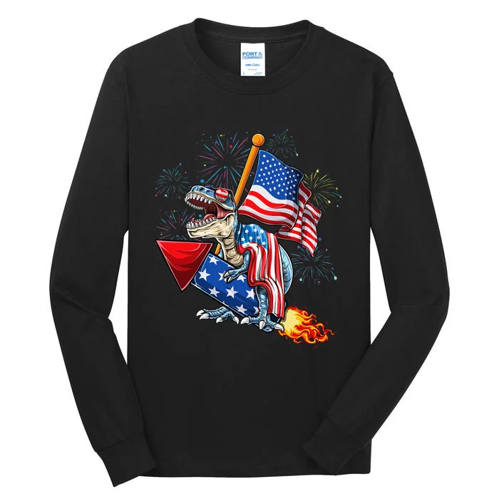 4th of July T Rex Dinosaur Patriotic American Flag Firework Tall Long Sleeve T-Shirt