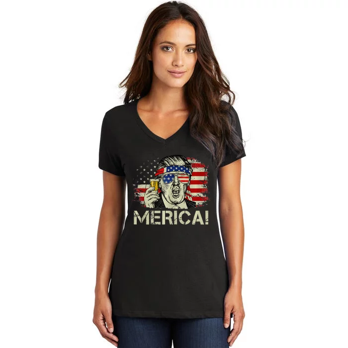 4th of july merica trump murica beer drinking american flag Women's V-Neck T-Shirt