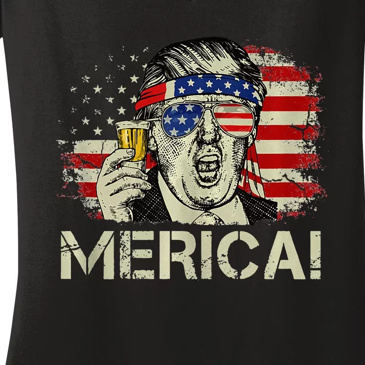 4th of july merica trump murica beer drinking american flag Women's V-Neck T-Shirt