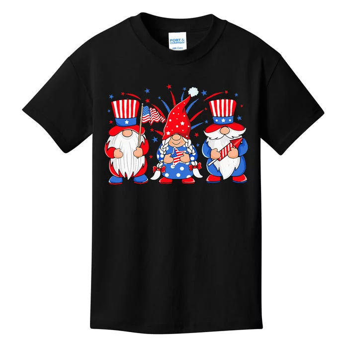 4th of July Gnomes Patriotic American Flag Cute Three Gnomes Kids T-Shirt