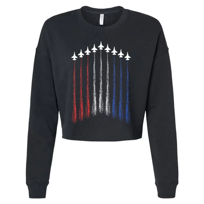 4th Of July Jet Fighter American Flag Patriotic Hero Flying Cropped Pullover Crew