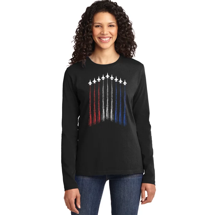 4th Of July Jet Fighter American Flag Patriotic Hero Flying Ladies Long Sleeve Shirt