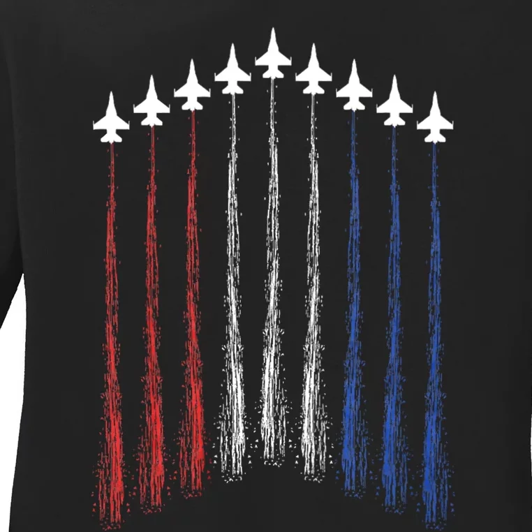 4th Of July Jet Fighter American Flag Patriotic Hero Flying Ladies Long Sleeve Shirt