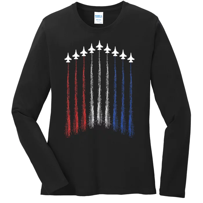 4th Of July Jet Fighter American Flag Patriotic Hero Flying Ladies Long Sleeve Shirt