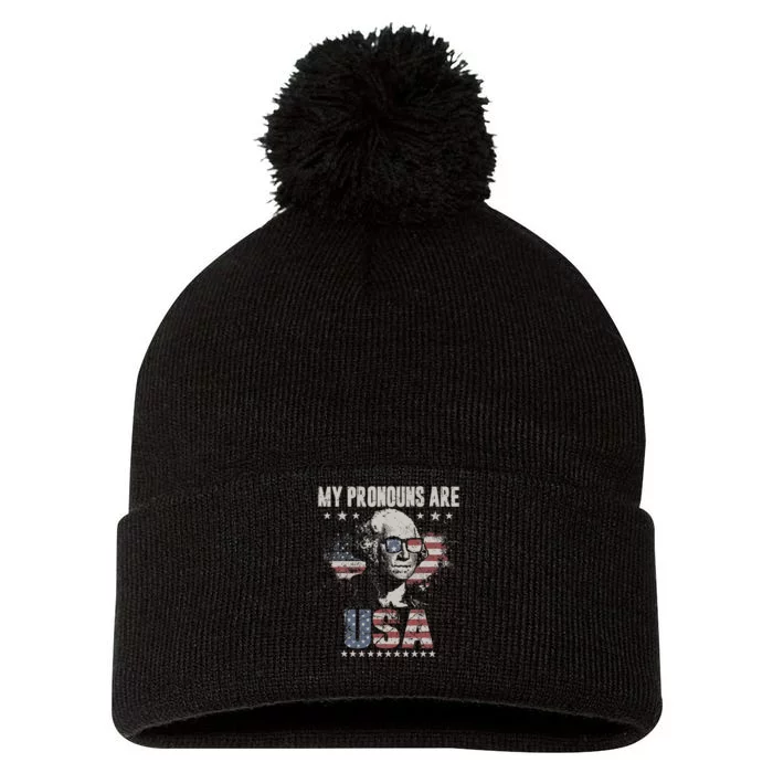 4th Of July My Pronouns Are USA Flag For Men Women & Kids Pom Pom 12in Knit Beanie