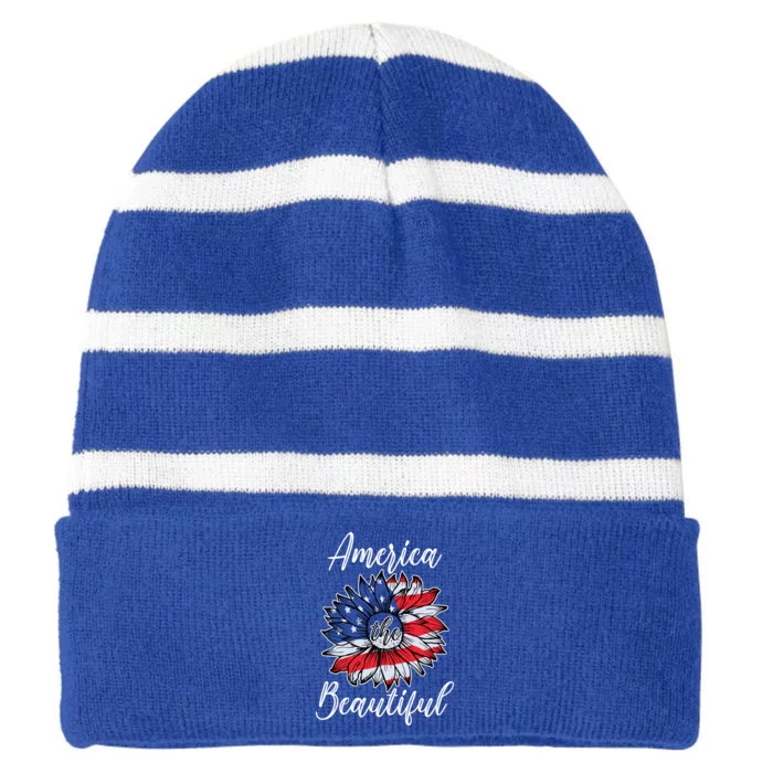 4th Of July Sunflower Flag America Beautiful Stars Stripes Gift Striped Beanie with Solid Band