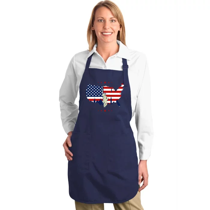 4th Of July American Flag Statue Of Liberty Full-Length Apron With Pocket