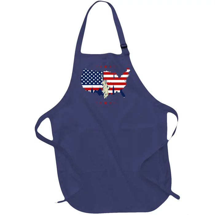 4th Of July American Flag Statue Of Liberty Full-Length Apron With Pocket