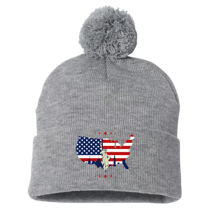 4th Of July American Flag Statue Of Liberty Pom Pom 12in Knit Beanie