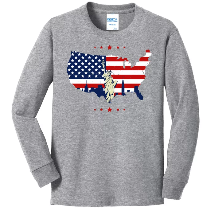 4th Of July American Flag Statue Of Liberty Kids Long Sleeve Shirt