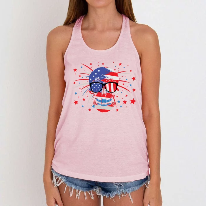 4th Of July Skull American Flag Gift Women's Knotted Racerback Tank