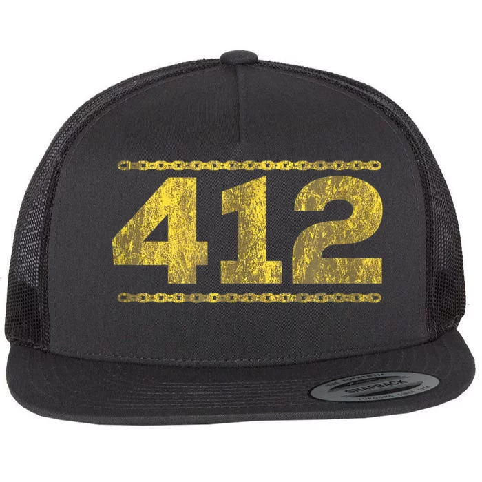 412 Pittsburgh Distressed Chain Yinzer City Retro Flat Bill Trucker Hat