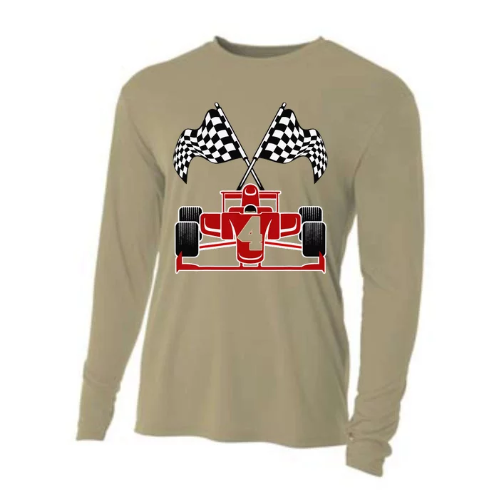 4th Racing Car Themed 4 Year Old Race Car Birthday Cooling Performance Long Sleeve Crew