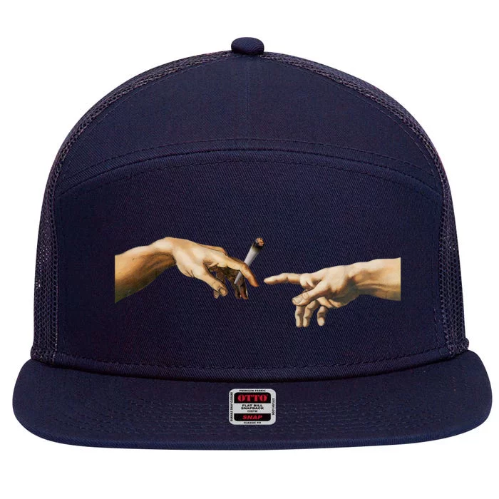 420 The Creation Of Adam Michelangelo Weed Joint Vintage Great Gift 7 Panel Mesh Trucker Snapback Hat