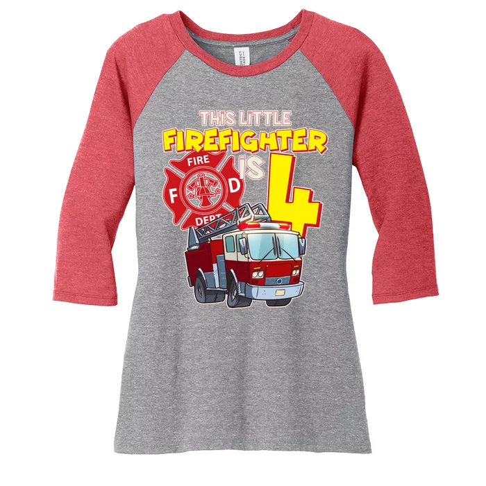 4th Birthday This Little Firefighter Is Four Women's Tri-Blend 3/4-Sleeve Raglan Shirt