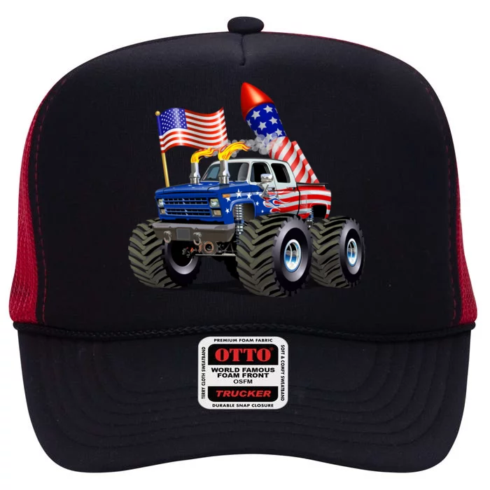 4th Of July Firecracker Monster Truck High Crown Mesh Trucker Hat