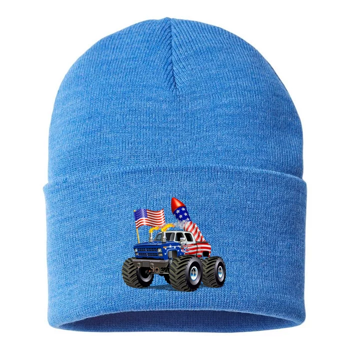 4th Of July Firecracker Monster Truck Sustainable Knit Beanie