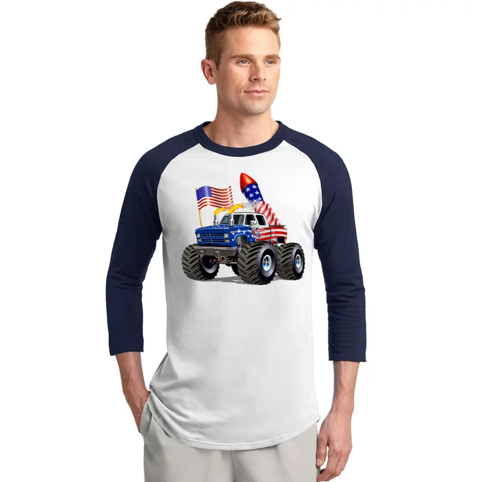 4th Of July Firecracker Monster Truck Baseball Sleeve Shirt