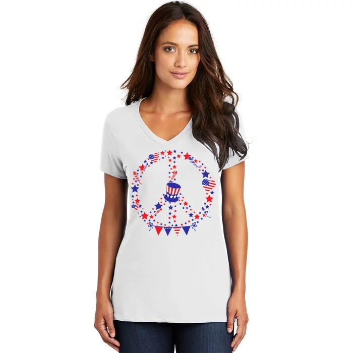 4th Of July Patriotic Peace Sign Women's V-Neck T-Shirt