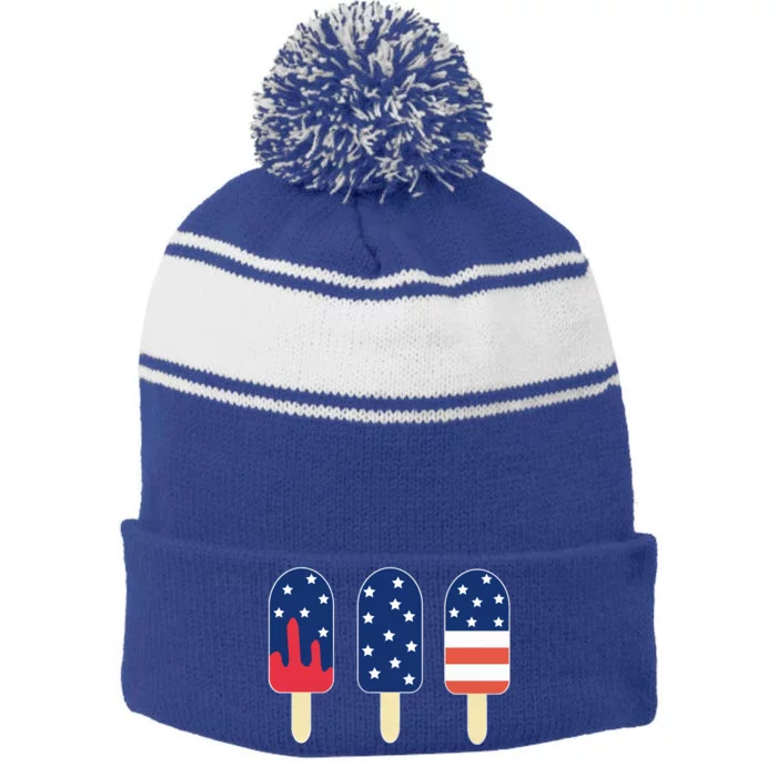 4th of July Popsicle Red White Blue American Flag Stripe Pom Pom Beanie