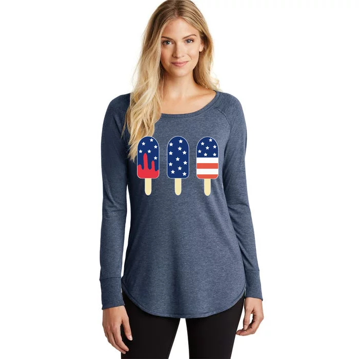 4th of July Popsicle Red White Blue American Flag Women's Perfect Tri Tunic Long Sleeve Shirt