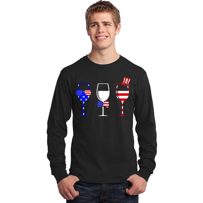 4th Of July Red White Blue Wine USA Glasses Long Sleeve Shirt