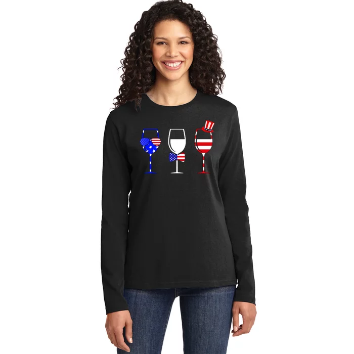 4th Of July Red White Blue Wine USA Glasses Ladies Long Sleeve Shirt