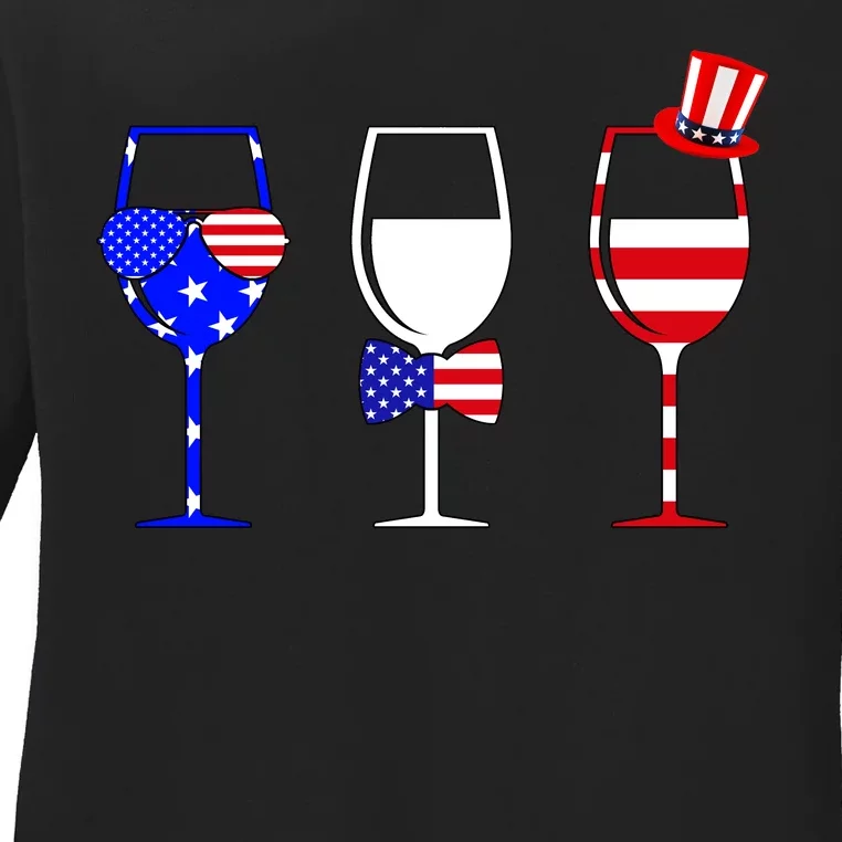 4th Of July Red White Blue Wine USA Glasses Ladies Long Sleeve Shirt