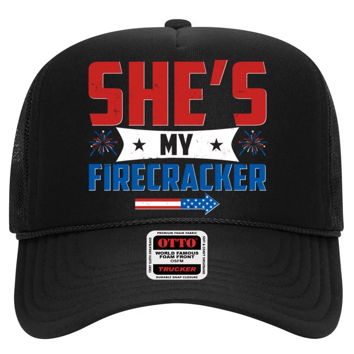 4th of July She's My Firecracker Matching Shirt High Crown Mesh Trucker Hat