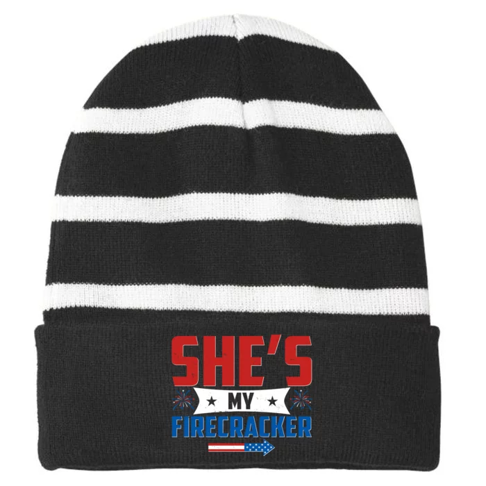 4th of July She's My Firecracker Matching Shirt Striped Beanie with Solid Band