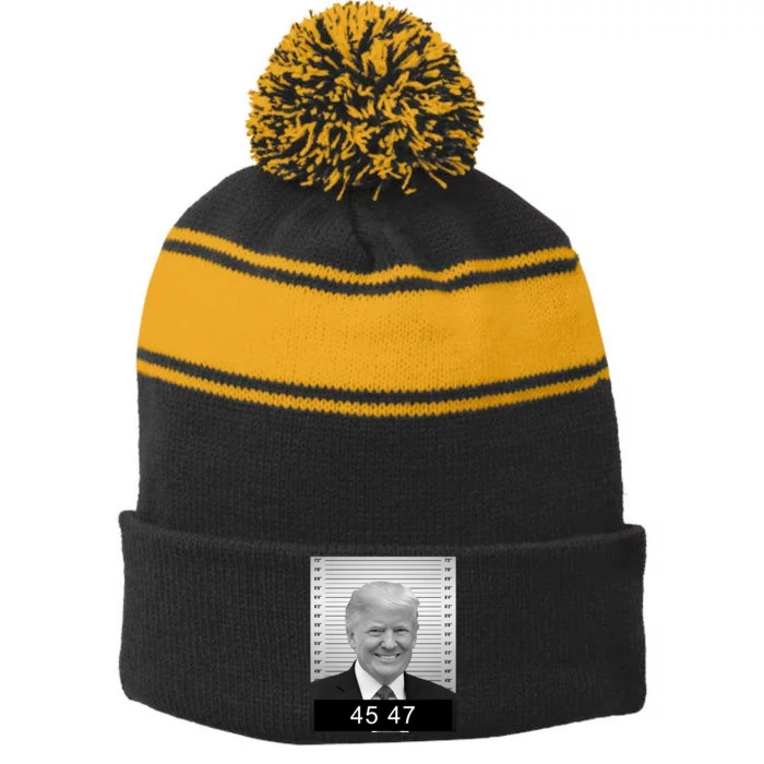 4547 Trump President 45 And 47 Trump Mugshot Stripe Pom Pom Beanie