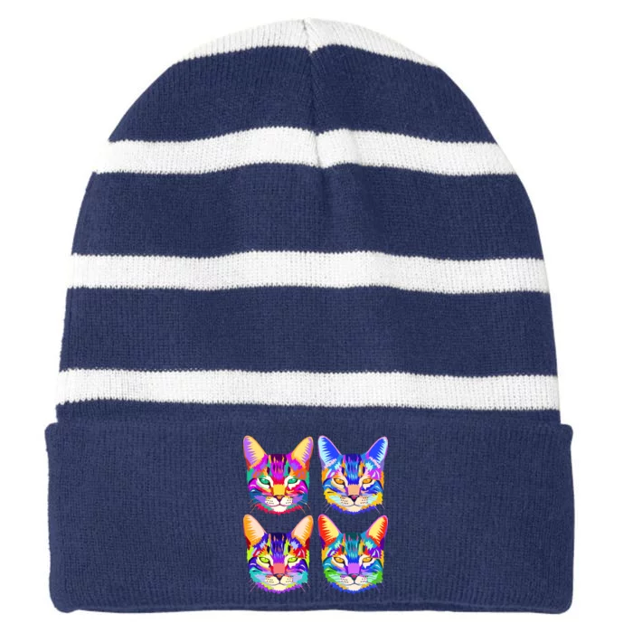 4X Cats - Colorful Portrait Striped Beanie with Solid Band