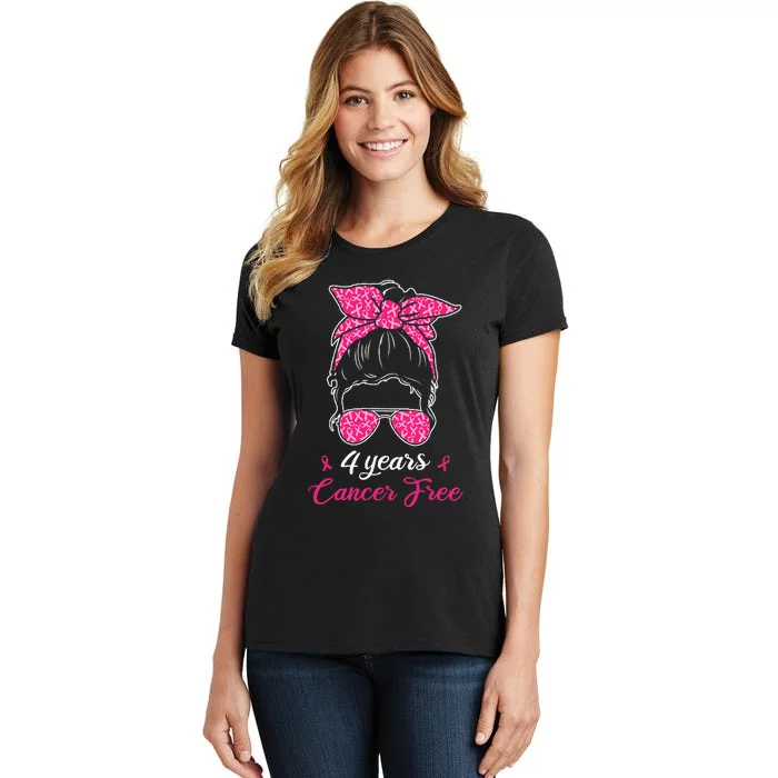 4 Years Cancer Free Breast Cancer Awareness Messy Bun Girl Women's T-Shirt