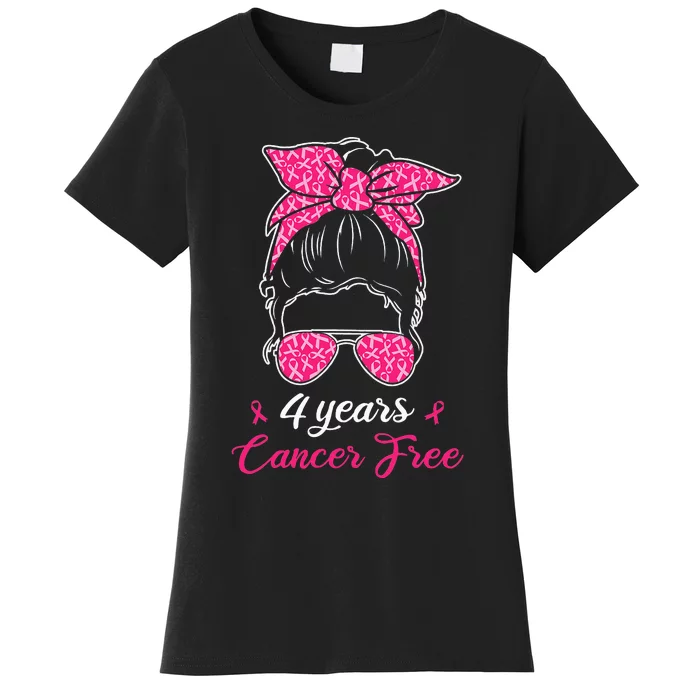 4 Years Cancer Free Breast Cancer Awareness Messy Bun Girl Women's T-Shirt