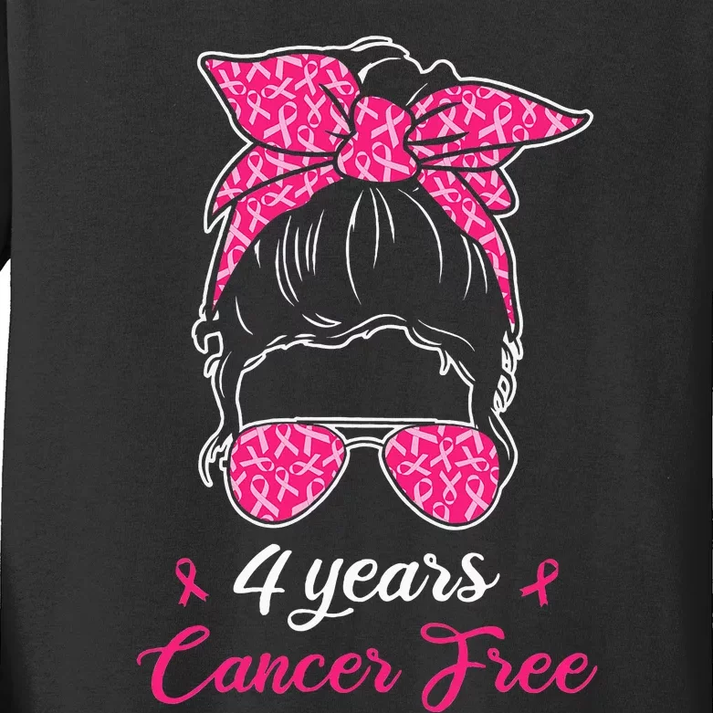 4 Years Cancer Free Breast Cancer Awareness Messy Bun Girl Kids Long Sleeve Shirt