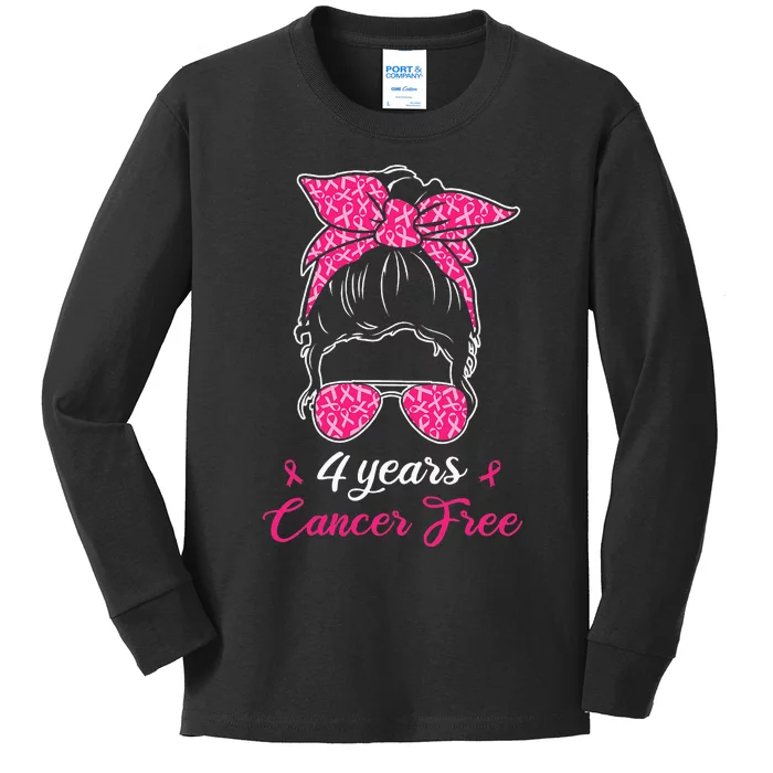 4 Years Cancer Free Breast Cancer Awareness Messy Bun Girl Kids Long Sleeve Shirt