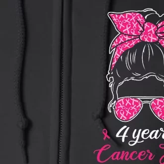 4 Years Cancer Free Breast Cancer Awareness Messy Bun Girl Full Zip Hoodie