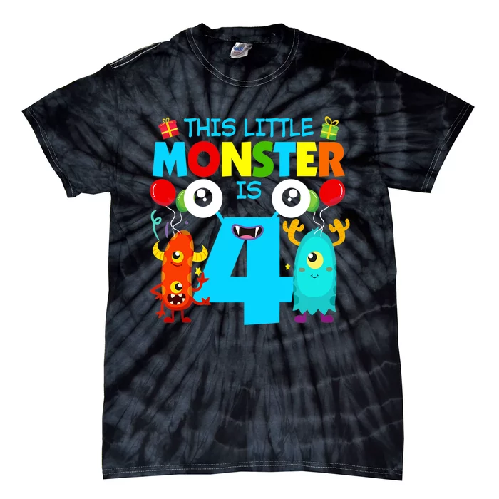 4 Year Old Gifts This Little Monster Is 4th Birthday Boy Tie-Dye T-Shirt