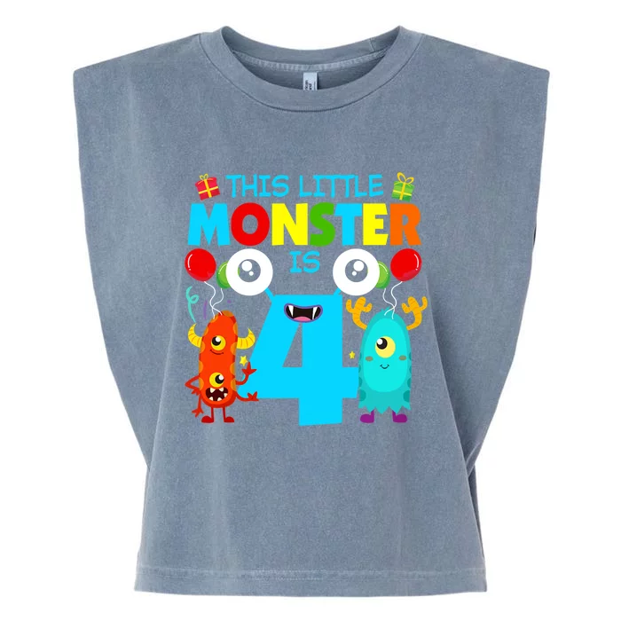 4 Year Old Gifts This Little Monster Is 4th Birthday Boy Garment-Dyed Women's Muscle Tee