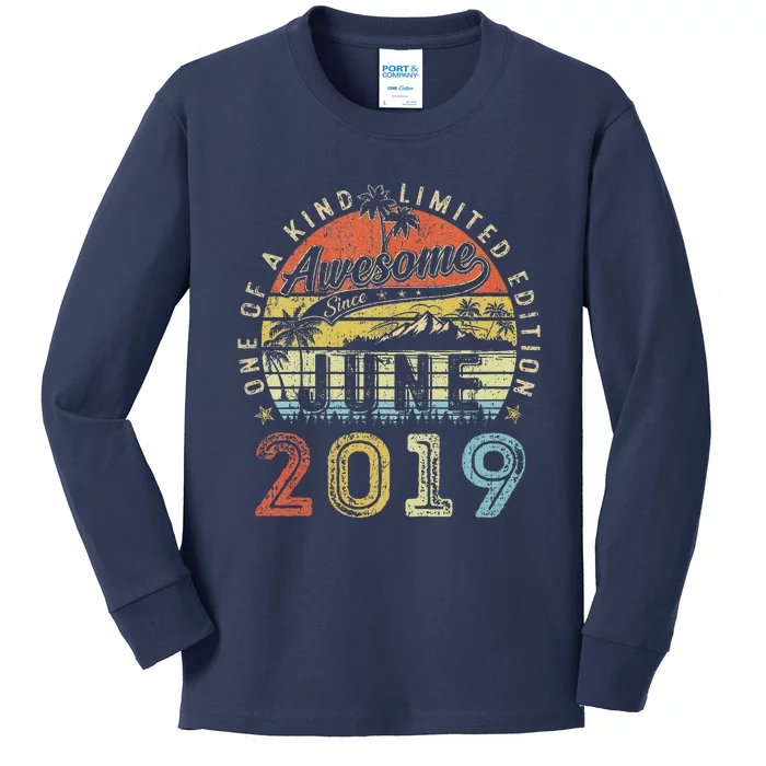 4 Year Old Awesome Since June 2019 4th Birthday Kids Long Sleeve Shirt