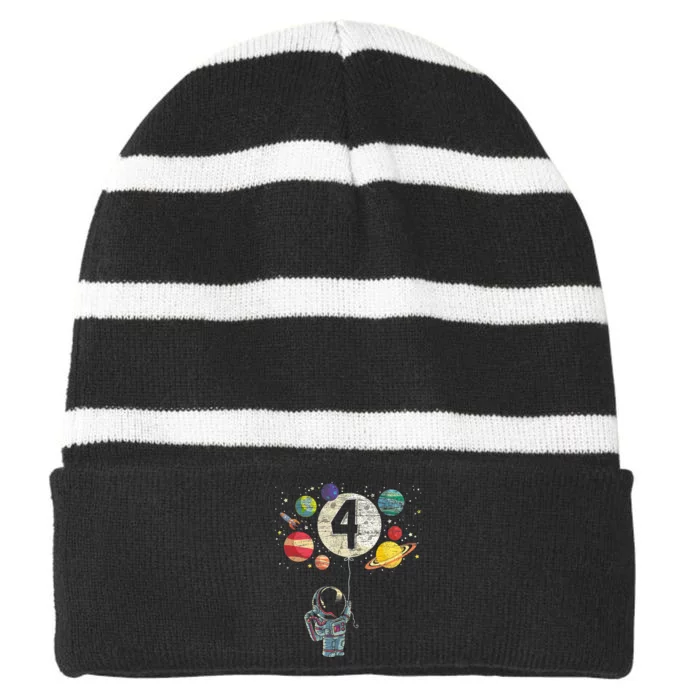 4 Years Old Birthday Boy Gifts Astronaut 4th Birthday Striped Beanie with Solid Band