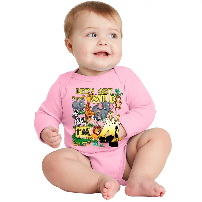 4 Year Old Zoo Safari Birthday Party Tee Lets Get Wild Im 4 Baby Long Sleeve Bodysuit