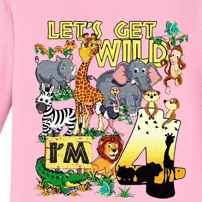 4 Year Old Zoo Safari Birthday Party Tee Lets Get Wild Im 4 Baby Long Sleeve Bodysuit