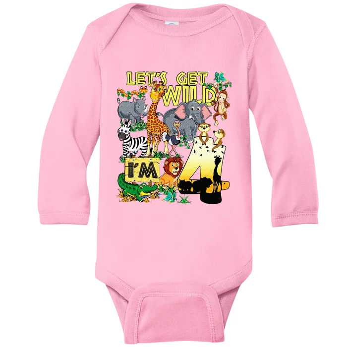 4 Year Old Zoo Safari Birthday Party Tee Lets Get Wild Im 4 Baby Long Sleeve Bodysuit